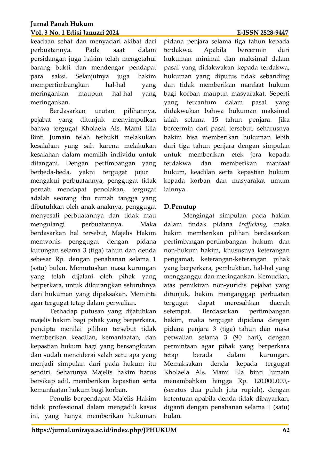 JURIS Analisis Hukum Terhadap Pertimbangan Hakim Dalam Pemidanaan Tindak Pidana Trafficking