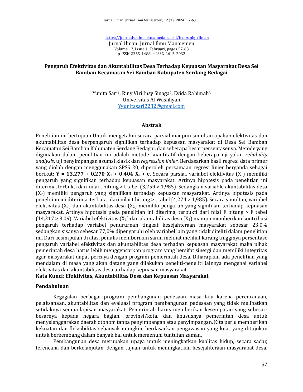 JURIS Pengaruh Efektivitas dan Akuntabilitas Desa Terhadap Kepuasan Masyarakat Desa Sei Bamban Kecamatan Sei Bamban Kabupaten Serdang Bedagai