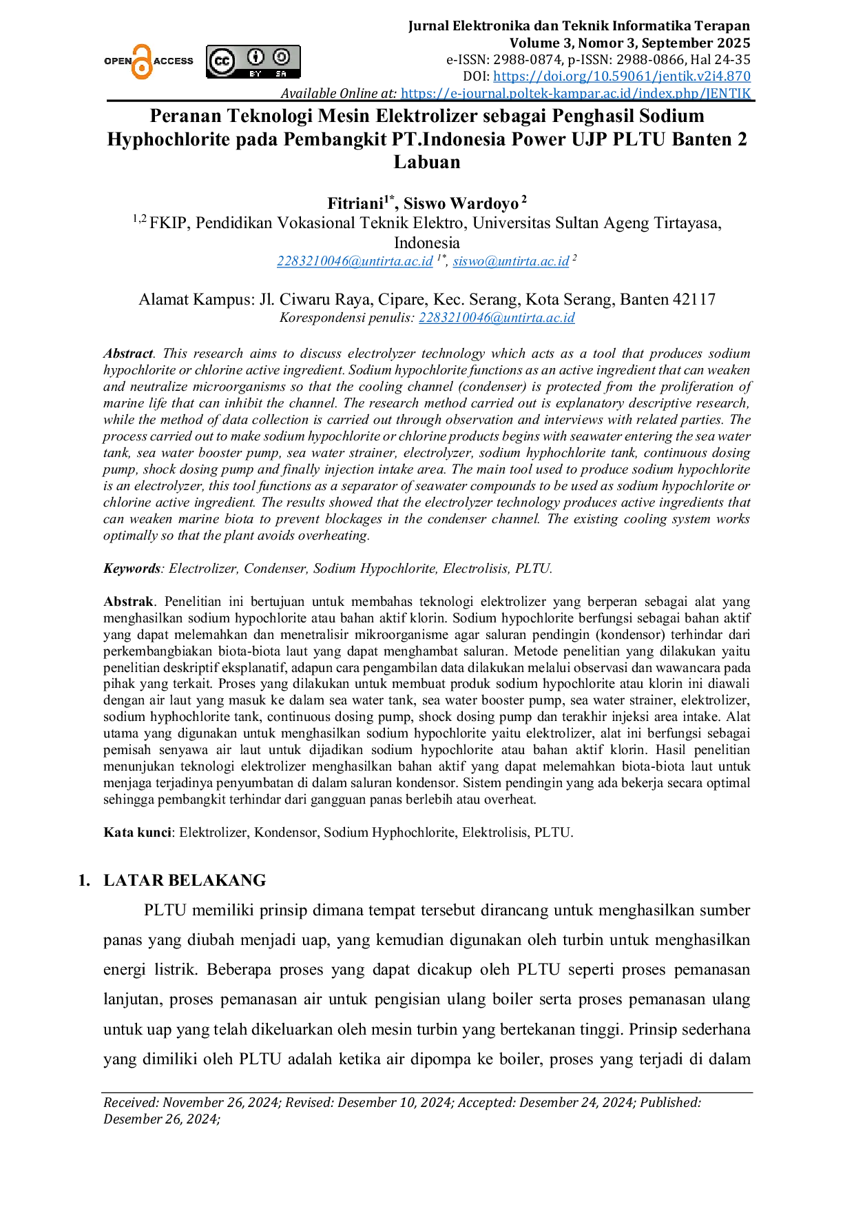 JURIS Peranan Teknologi Mesin Elektrolizer sebagai Penghasil Sodium Hyphochlorite pada Pembangkit PT Indonesia Power UJP PLTU Banten 2 Labuan