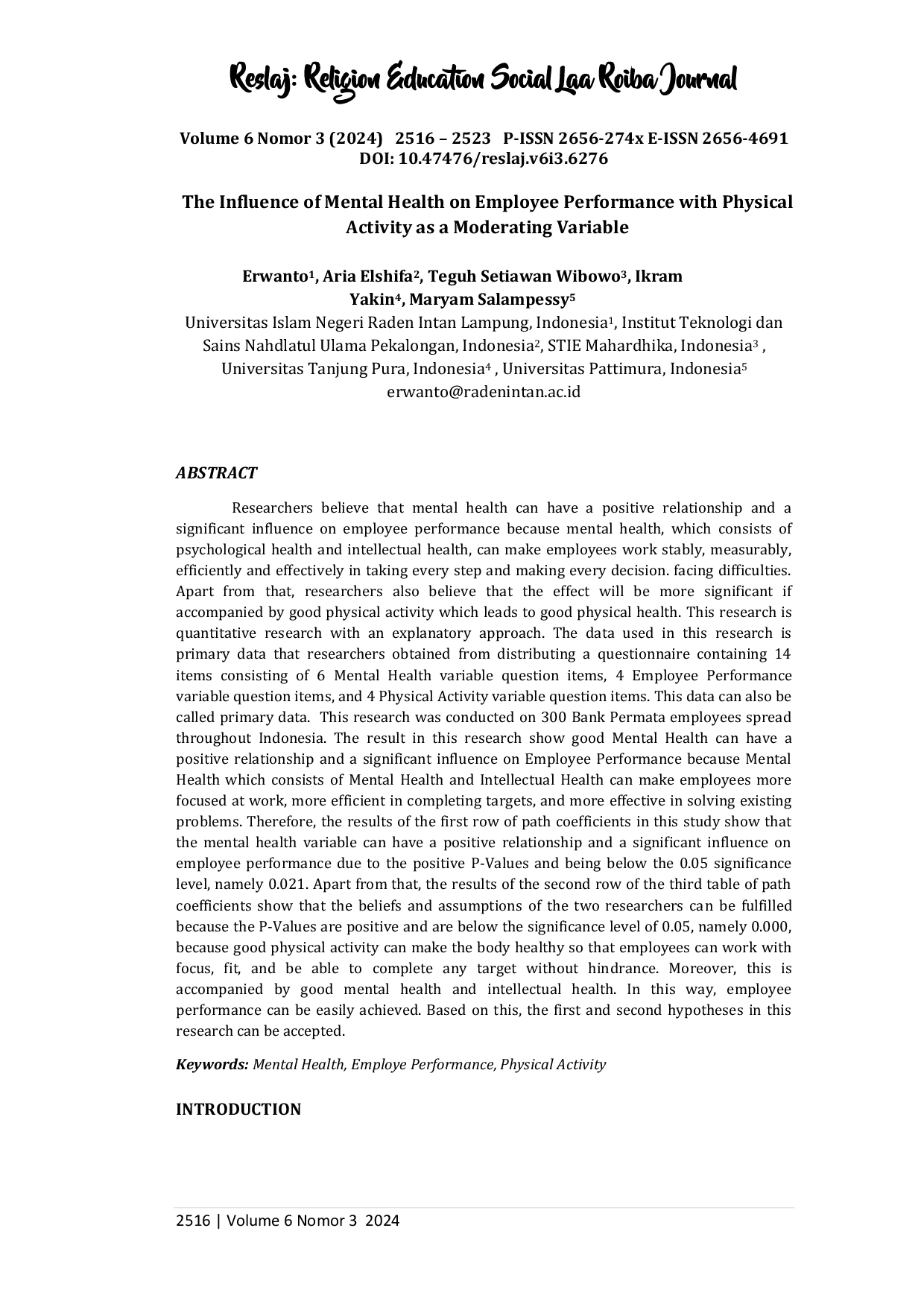 JURIS The Influence of Mental Health on Employee Performance with Physical Activity as a Moderating Variable