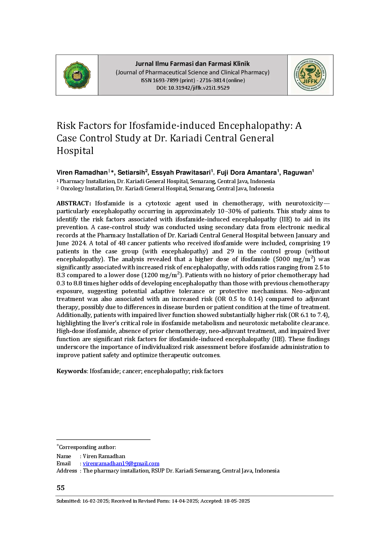 juris Risk Factors for Ifosfamide induced Encephalopathy A Case Control Study at Dr Kariadi Central General Hospital