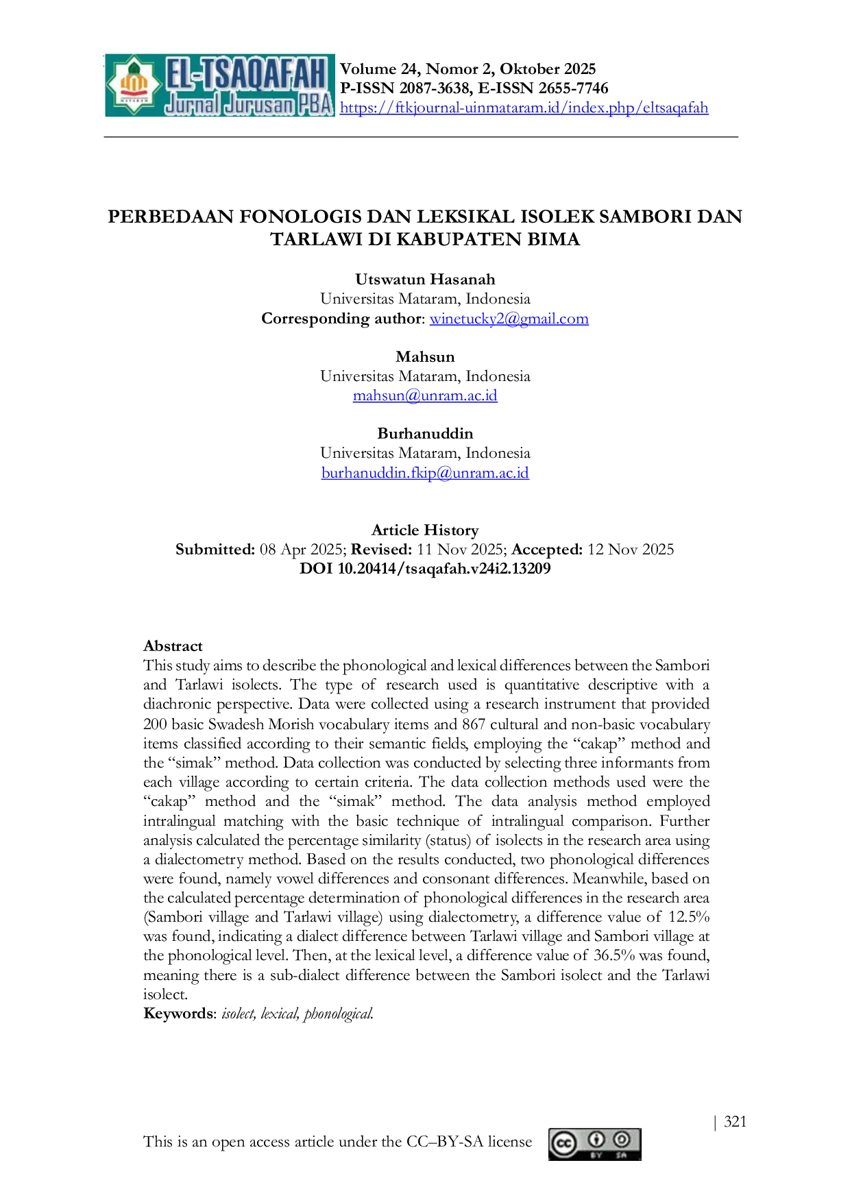 JURIS Perbedaan Fonologis dan Leksikal Isolek Sambori dan Tarlawi di Kabupaten Bima