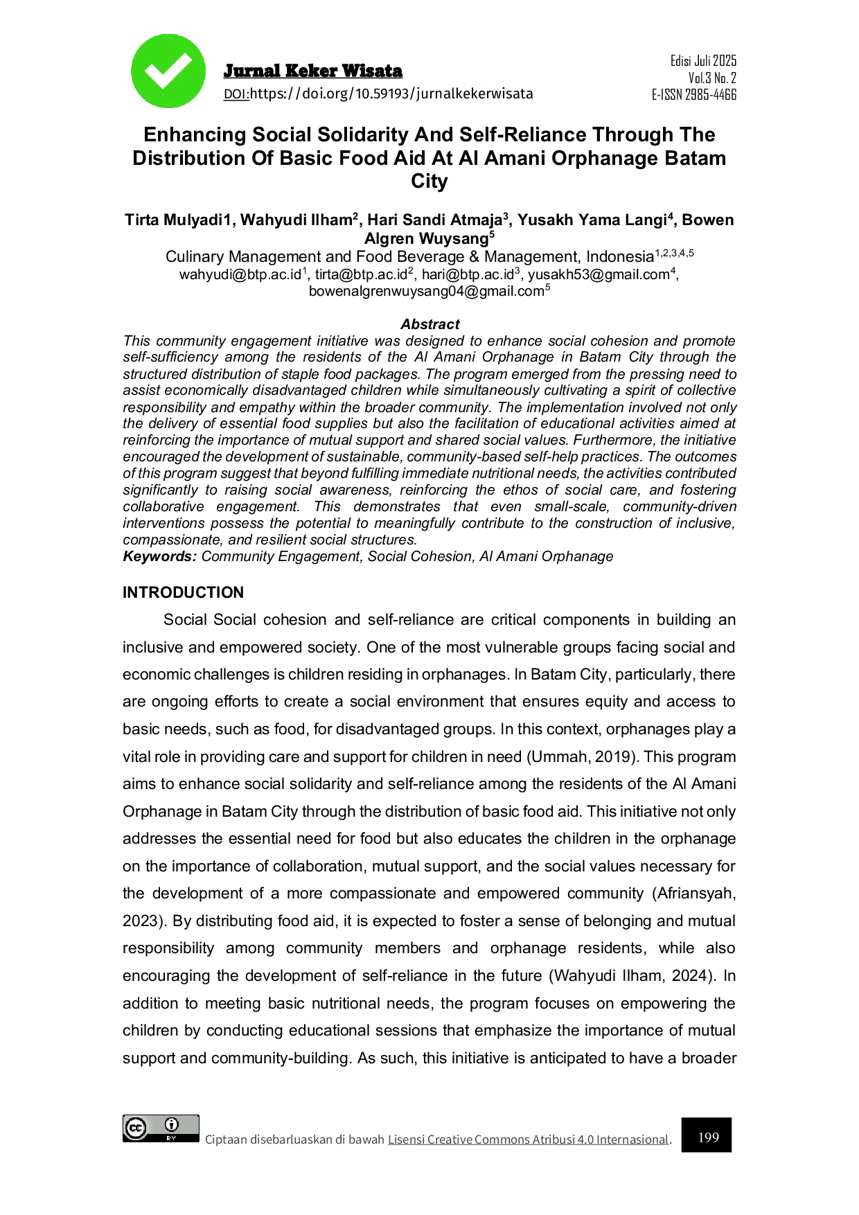 JURIS Enhancing Social Solidarity And Self Reliance Through The Distribution Of Basic Food Aid At Al Amani Orphanage Batam City