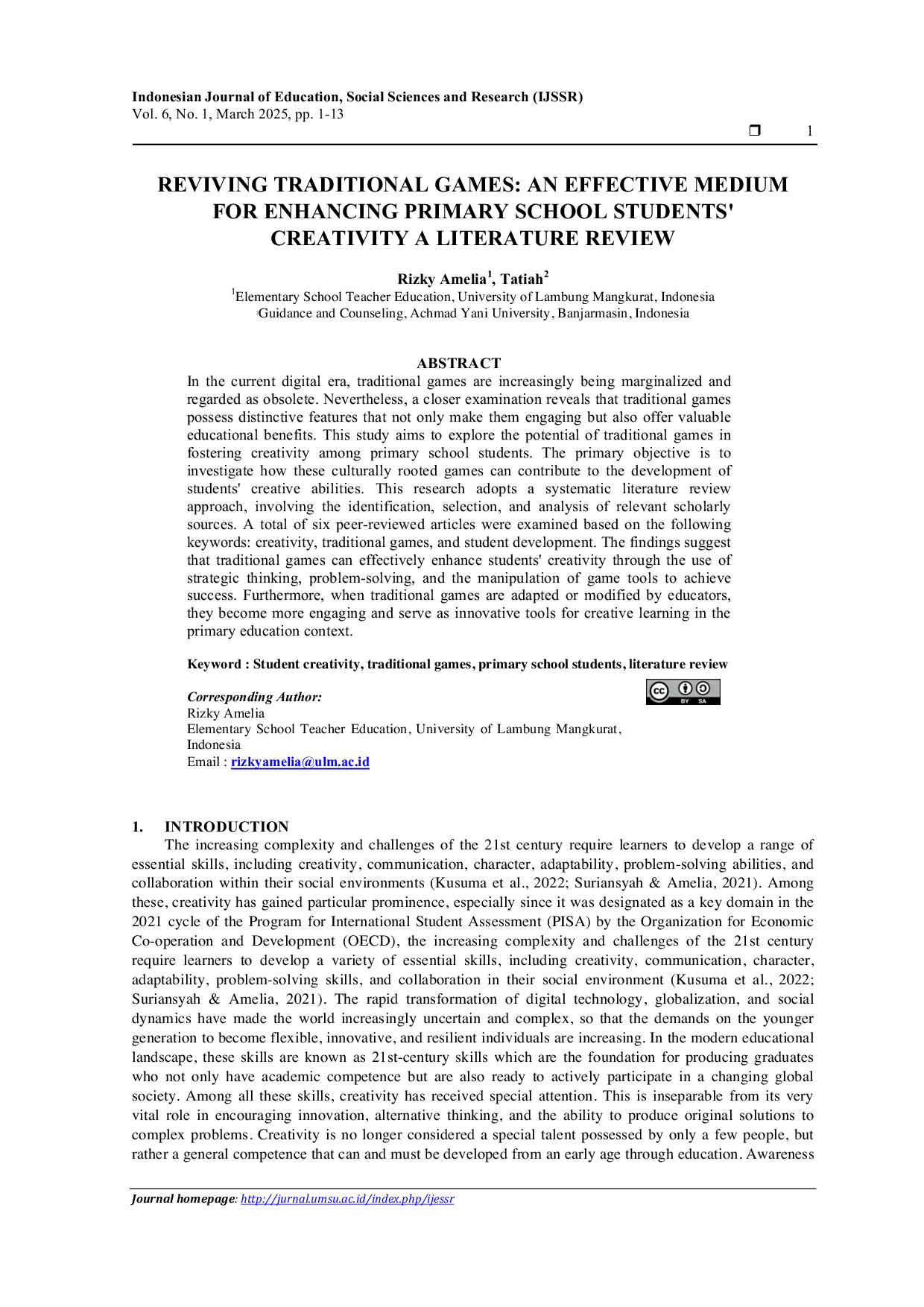 JURIS Reviving Traditional Games An Effective Medium for Enhancing Primary School Students Creativity A Literature Review