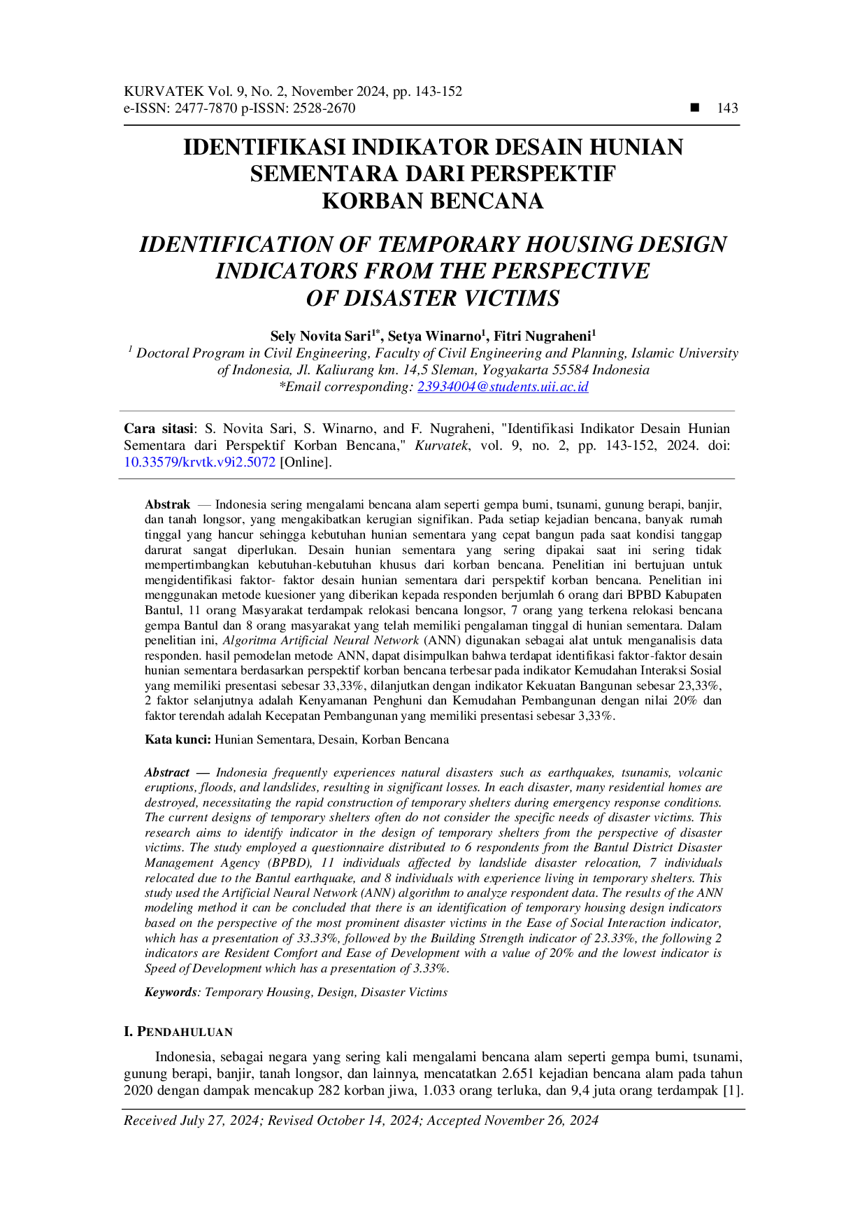 JURIS Identifikasi Indikator Desain Hunian Sementara dari Perspektif Korban Bencana