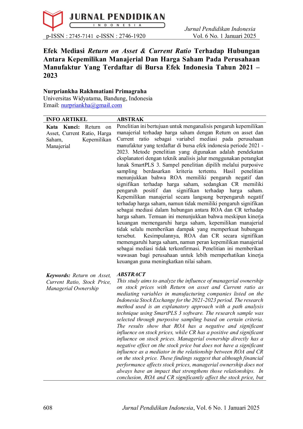 JURIS Efek Mediasi Return on Asset Current Ratio Terhadap Hubungan Antara Kepemilikan Manajerial Dan Harga Saham Pada Perusahaan Manufaktur Yang Terdaftar di Bursa Efek Indonesia Tahun 2021 2023