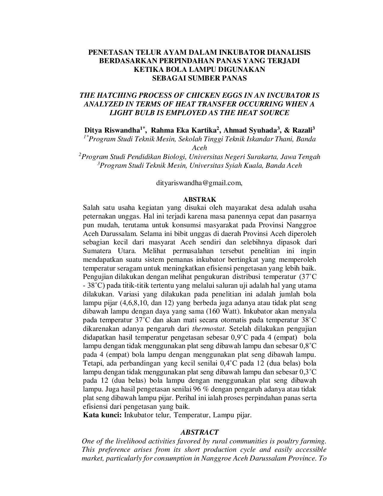 JURIS Penetasan Telur Dalam Inkubator Dianalisis Berdasarkan Perpindahan Panas Yang Terjadi Ketika Bola Lampu Digunakan Sebagai Sumber Panas