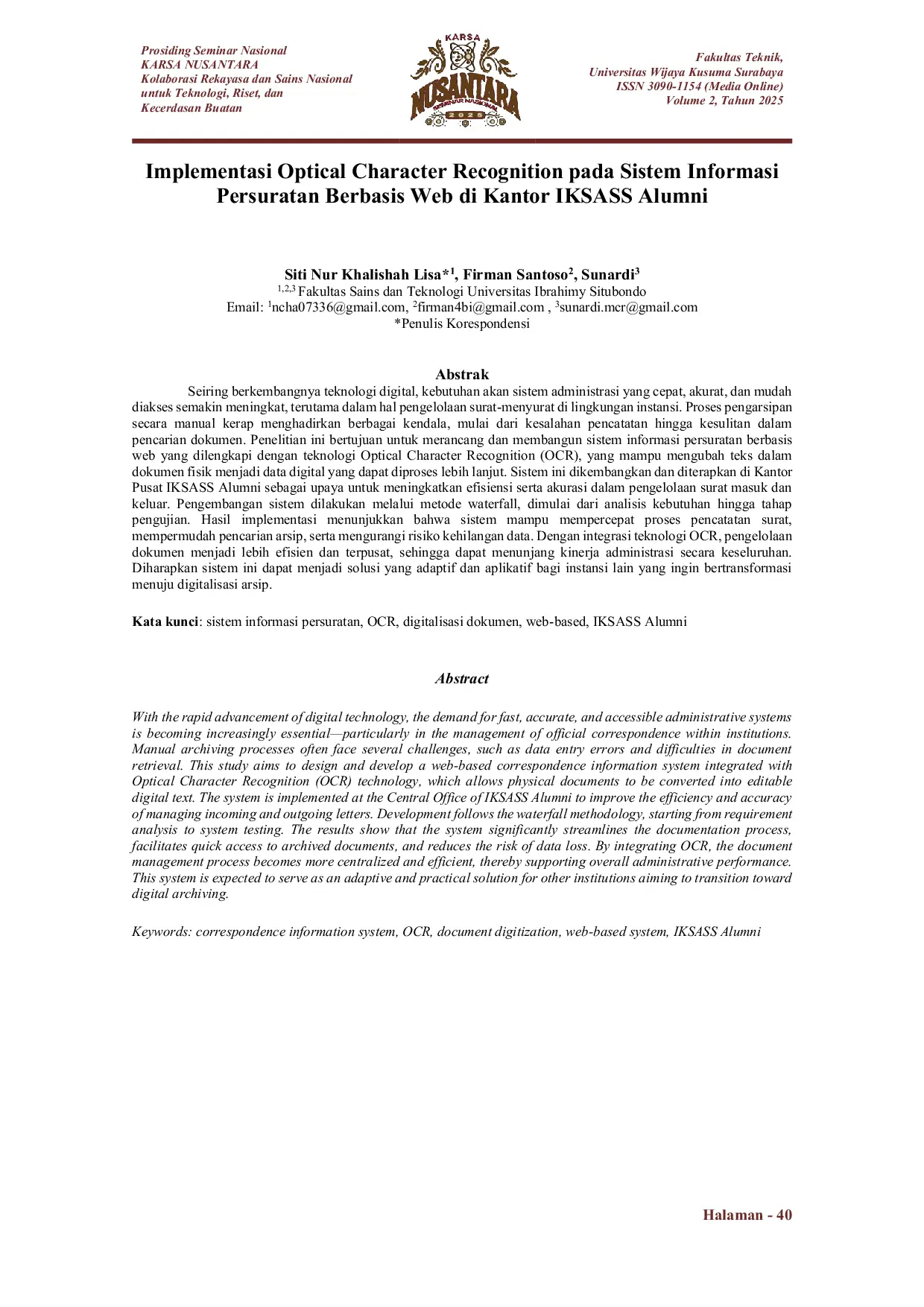 JURIS Implementasi Optical Character Recognition pada Sistem Informasi Persuratan Berbasis Web di Kantor IKSASS Alumni