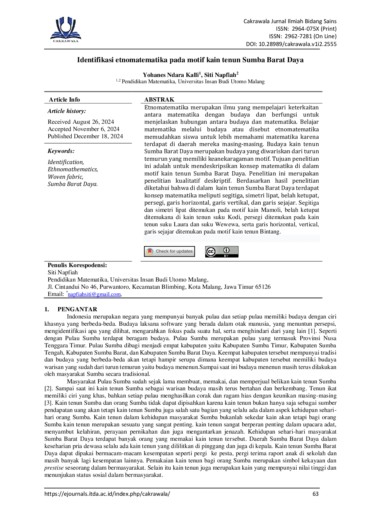 JURIS Identifikasi etnomatematika pada motif kain tenun Sumba Barat Daya