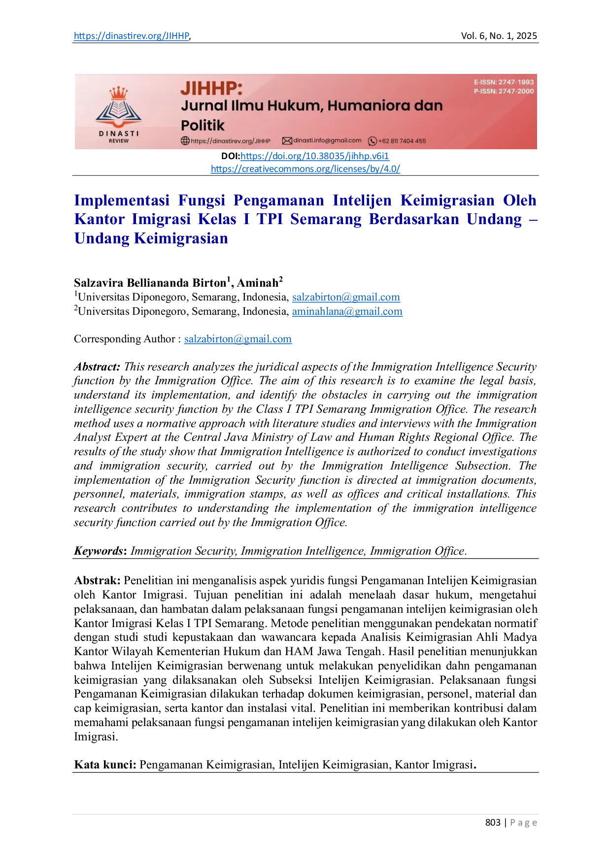 JURIS Implementasi Fungsi Pengamanan Intelijen Keimigrasian Oleh Kantor Imigrasi Kelas I TPI Semarang Berdasarkan Undang Undang Keimigrasian