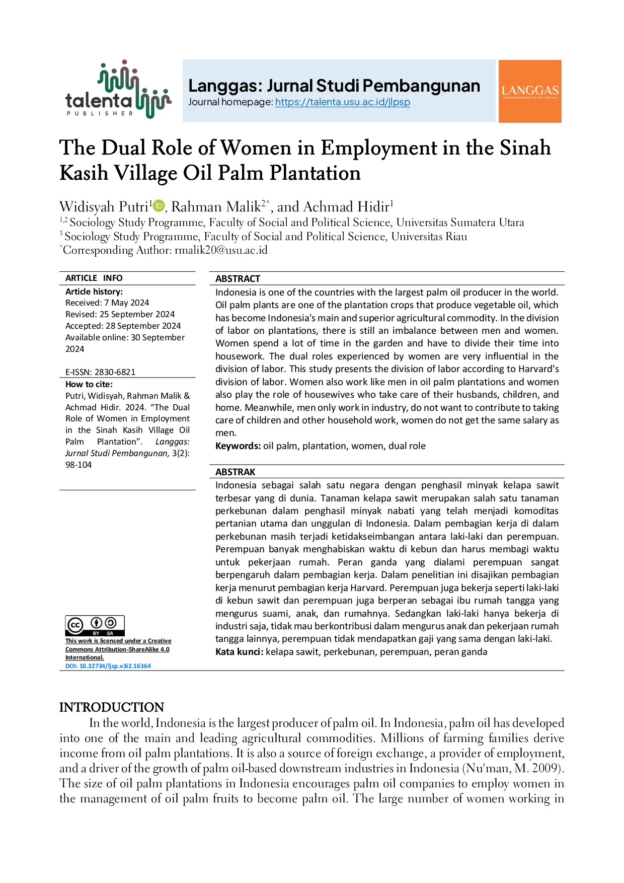 JURIS The Dual Role of Women in Employment in the Sinah Kasih Village Oil Palm Plantation