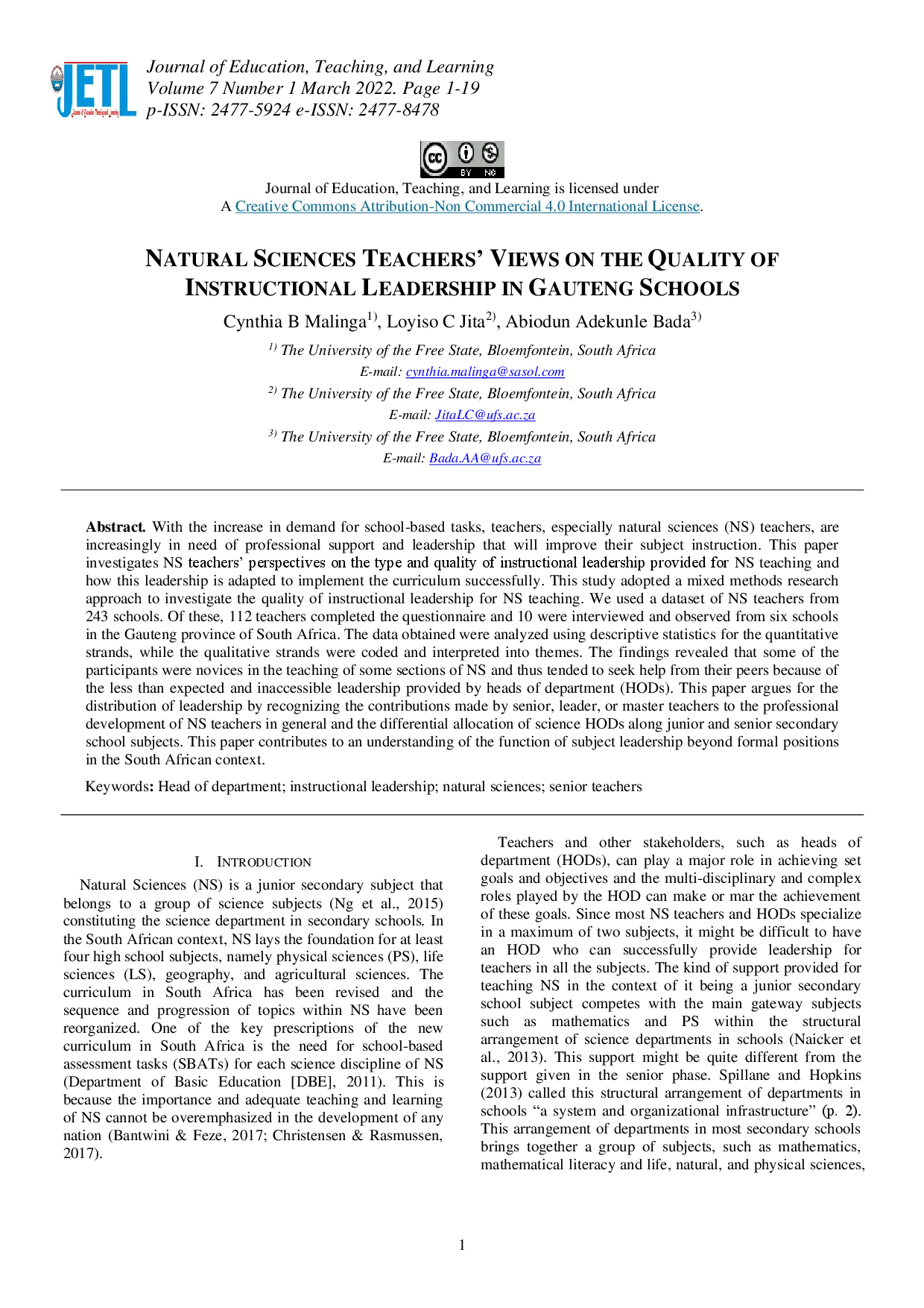 juris Natural Sciences Teachers Views on the Quality of Instructional Leadership in Gauteng Schools
