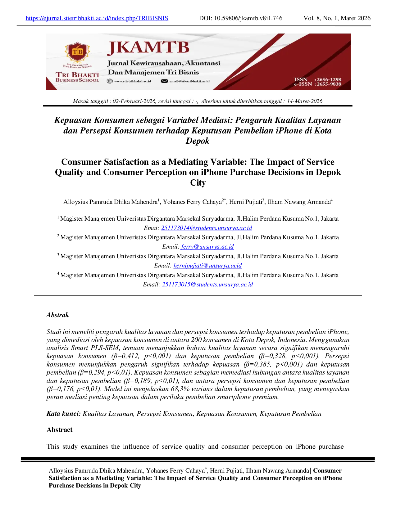 JURIS Consumer Satisfaction as a Mediating Variable The Impact of Service Quality and Consumer Perception on iPhone Purchase Decisions in Depok City