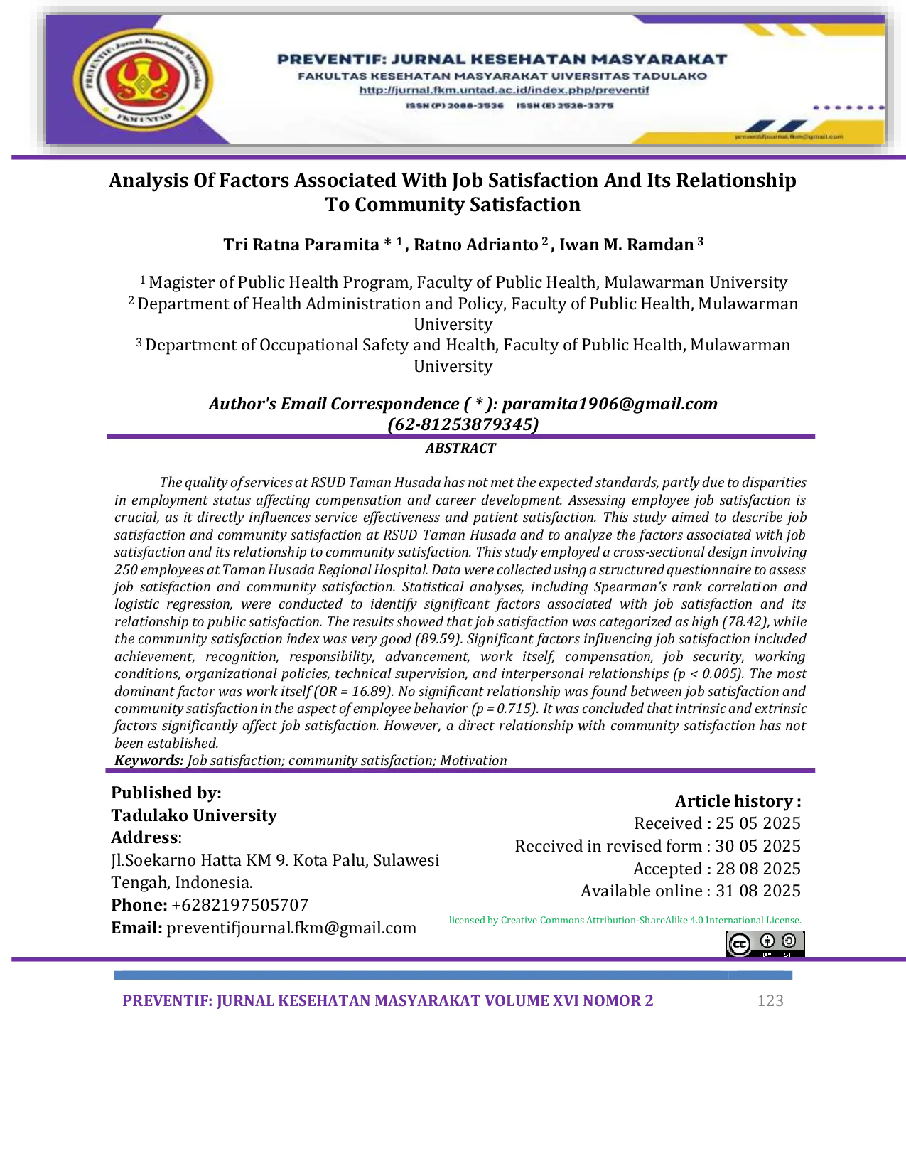 JURIS TRP The Magister student Analysis of Factors Related to Job Satisfaction and Its Relationship with Community Satisfaction