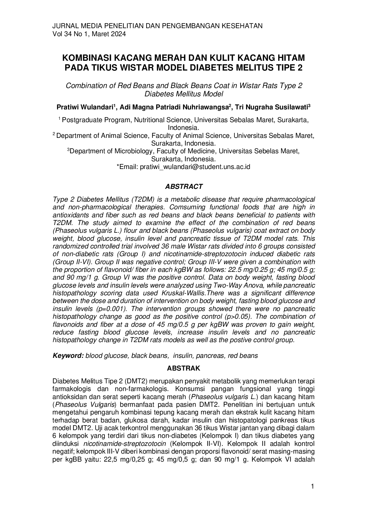 juris Kombinasi Kacang Merah dan Kulit Kacang Hitam pada Tikus Wistar Model Diabetes Melitus Tipe 2