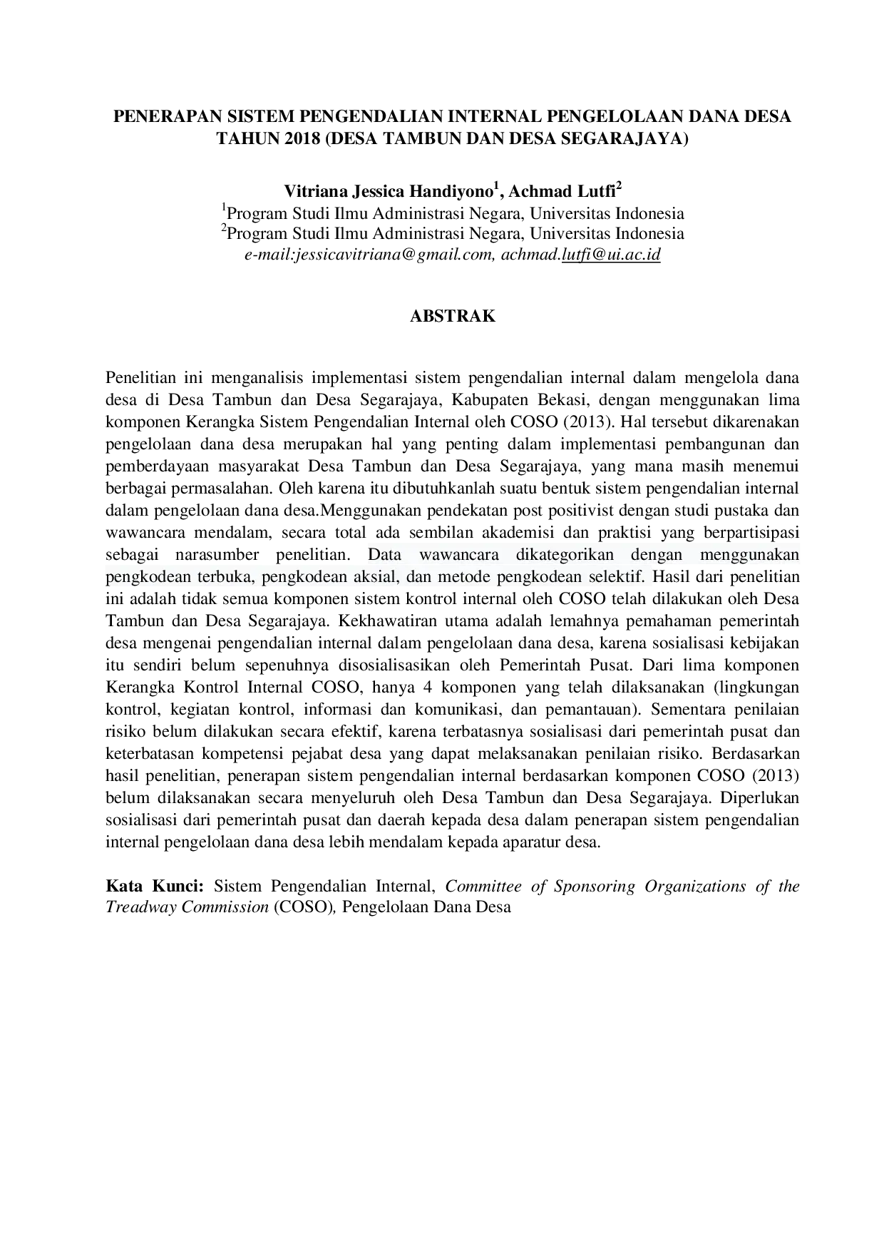 juris Penerapan Sistem Pengendalian Internal Pengelolaan Dana Desa Tahun 2018 Desa Tambun Dan Desa Segarajaya