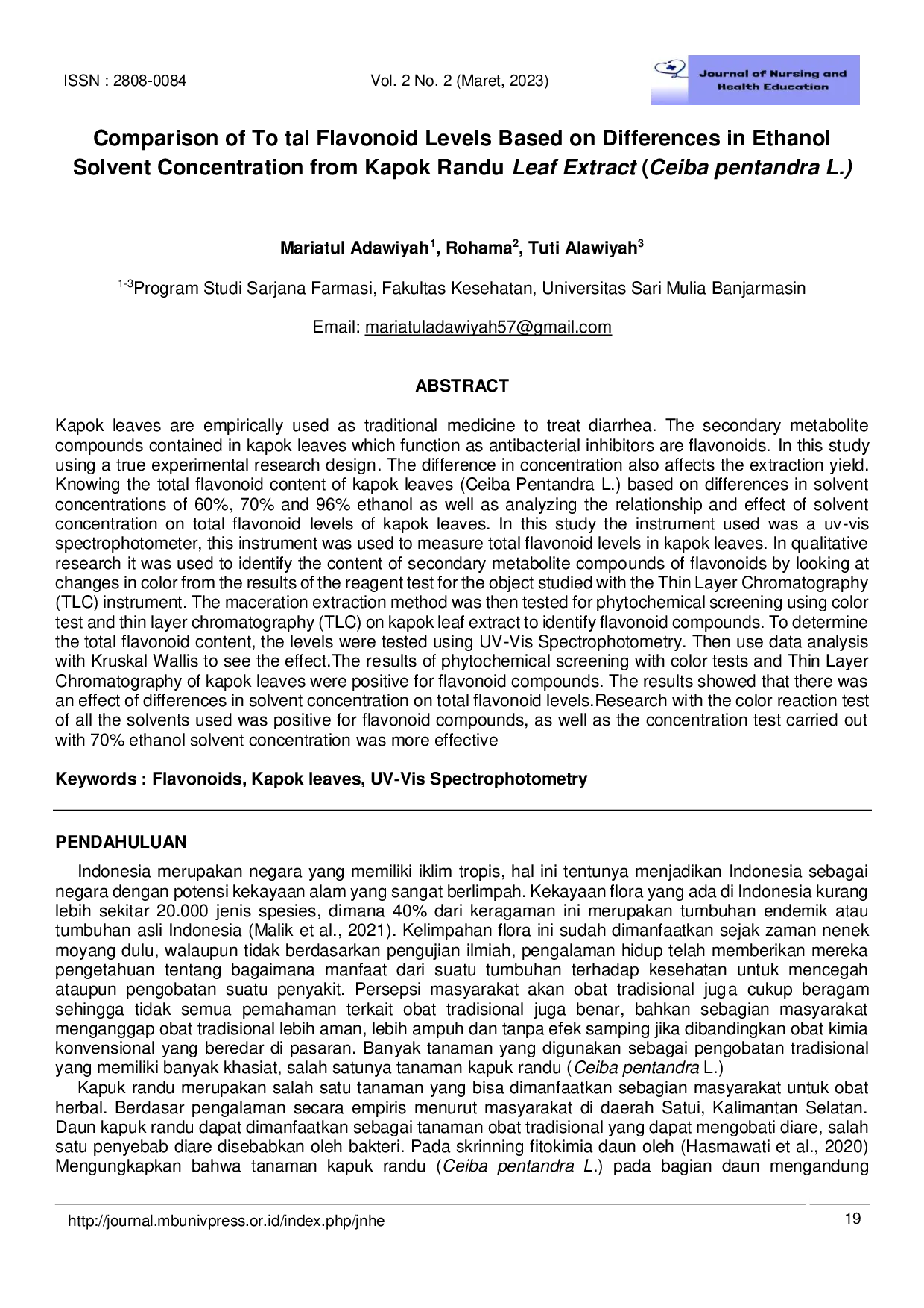 JURIS Comparison of To tal Flavonoid Levels Based on Differences in Ethanol Solvent Concentration from Kapok Randu Leaf Extract Ceiba pentandra L
