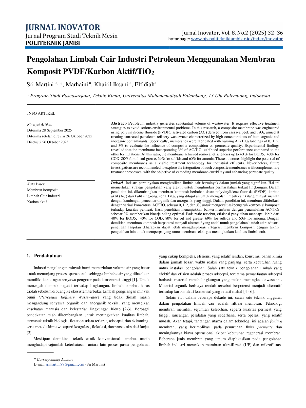 JURIS Pengolahan Limbah Cair Industri Petroleum Menggunakan Membran Komposit PVDF Karbon Aktif TiO2
