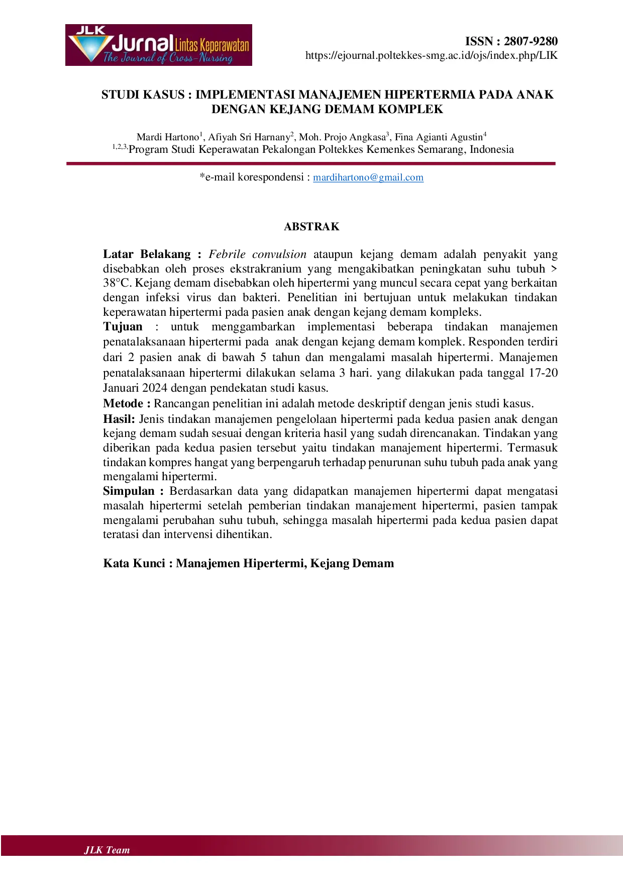 JURIS Studi Kasus Implementasi Manajemen Hipertermia Pada Anak Dengan Kejang Demam Komplek