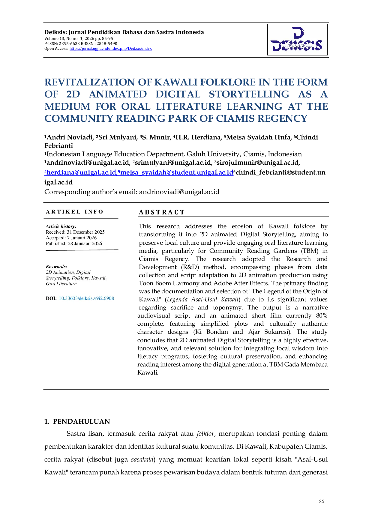 JURIS Revitalization Of Kawali Folklore In The Form Of 2D Animated Digital Storytelling As A Medium For Oral Literature Learning At The Community Reading Park Of Ciamis Regency