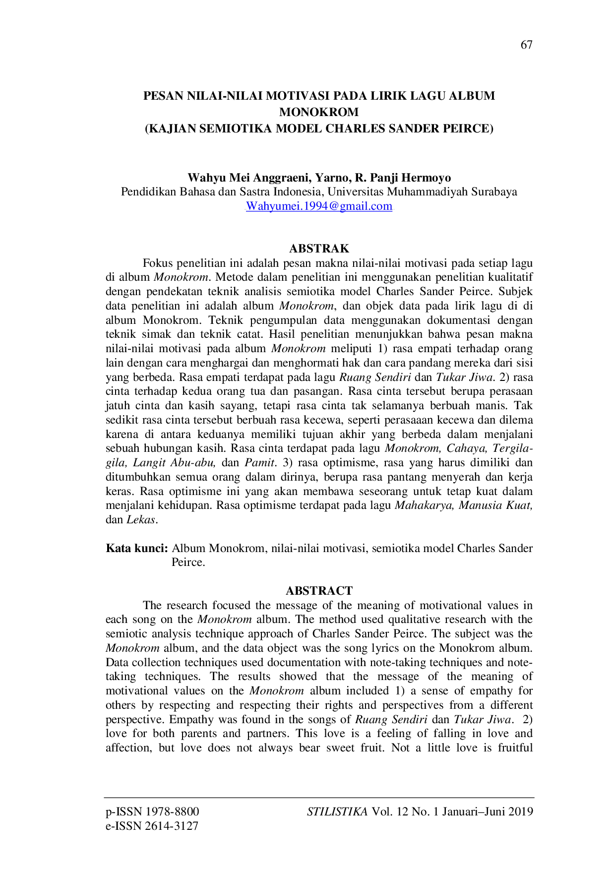 JURIS Pesan Nilai Nilai Motivasi pada Lirik Lagu Album Monokrom Kajian Semiotika Model Charles Sander Peirce