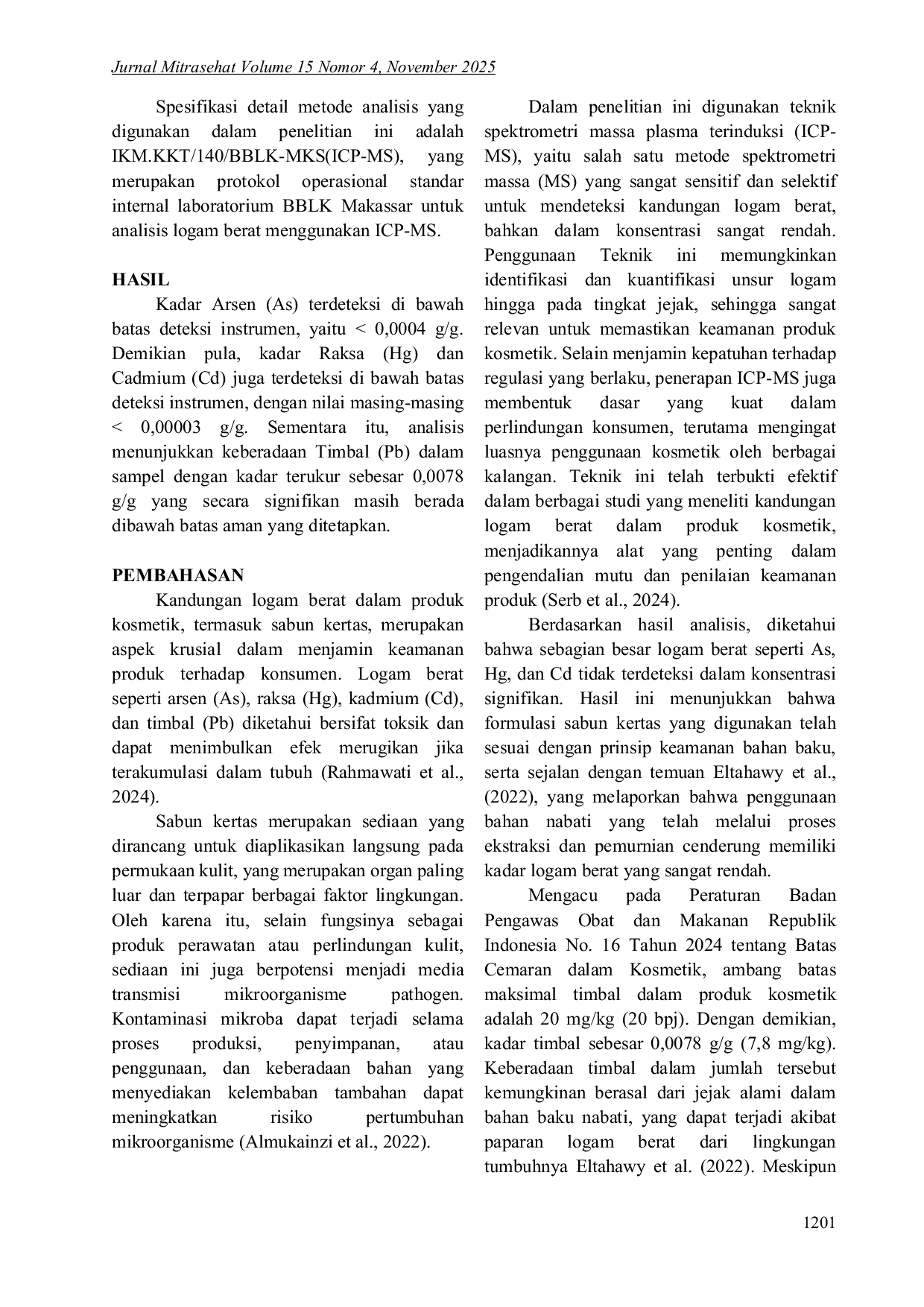 JURIS ANALISIS CEMARAN LOGAM BERAT As Hg Cd Pb PADA PRODUK SABUN KERTAS DENGAN METODE ICP MS