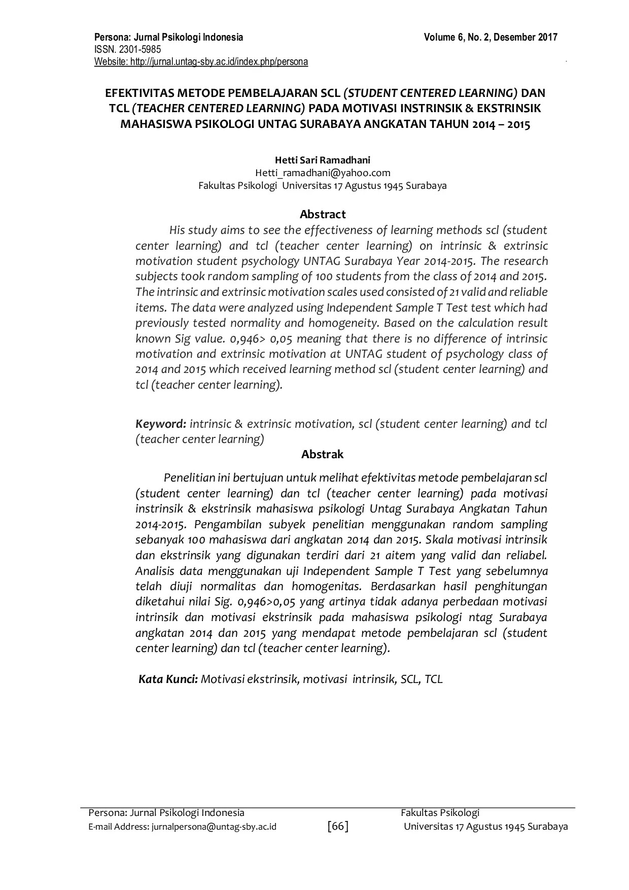 JURIS Efektivitas Metode Pembelajaran Scl Student Centered Learning Dan Tcl Teacher Centered Learning Pada Motivasi Instrinsik Ekstrinsik Mahasiswa Psikologi Untag Surabaya Angkatan Tahun 2014 2015