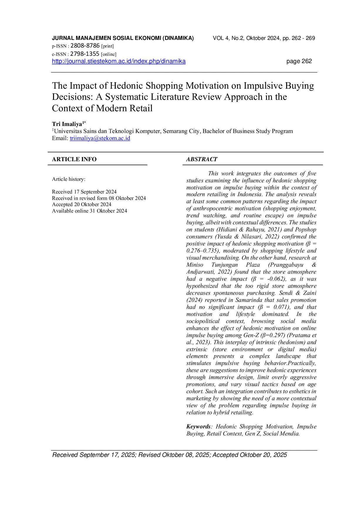 JURIS The Impact Of Hedonic Shopping Motivation On Impulsive Buying Decisions A Systematic Literature Review Approach In The Context Of Modern Retail