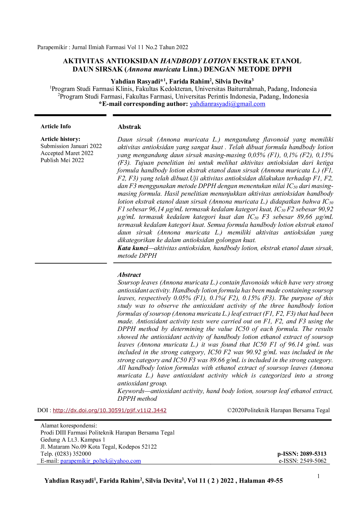 JURIS AKTIVITAS ANTIOKSIDAN HANDBODY LOTION EKSTRAK ETANOL DAUN SIRSAK Annona muricata Linn DENGAN METODE DPPH