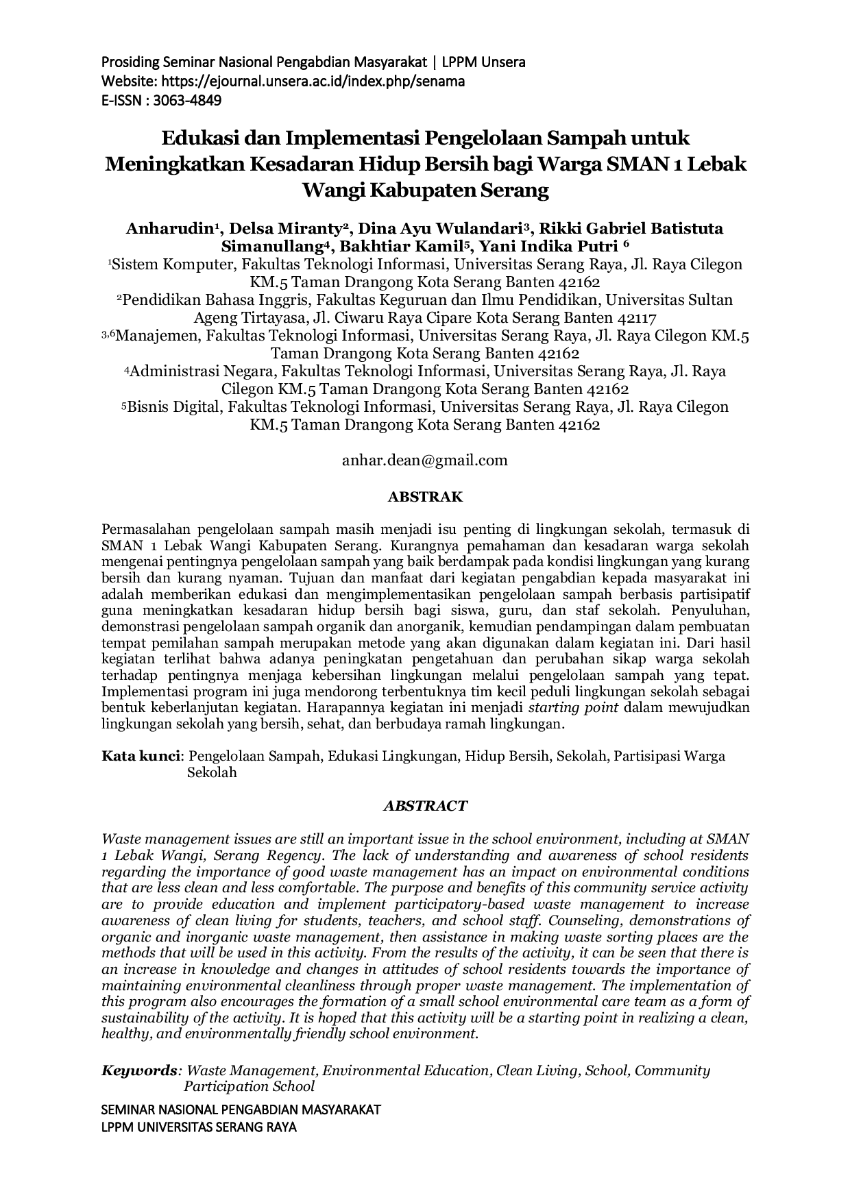 JURIS Edukasi dan Implementasi Pengelolaan Sampah untuk Meningkatkan Kesadaran Hidup Bersih bagi Warga SMAN 1 Lebak Wangi Kabupaten Serang