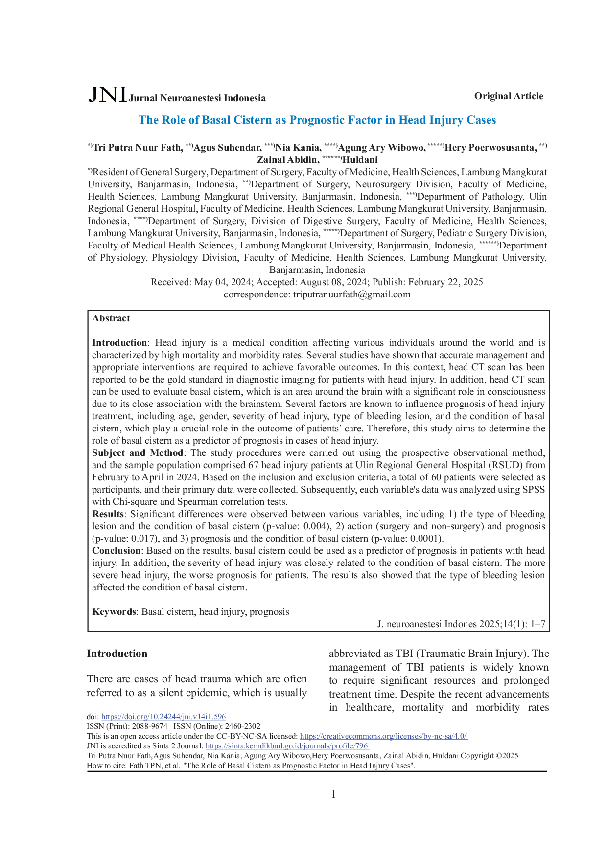 JURIS The Role of Basal Cistern as Prognostic Factor in Head Injury Cases