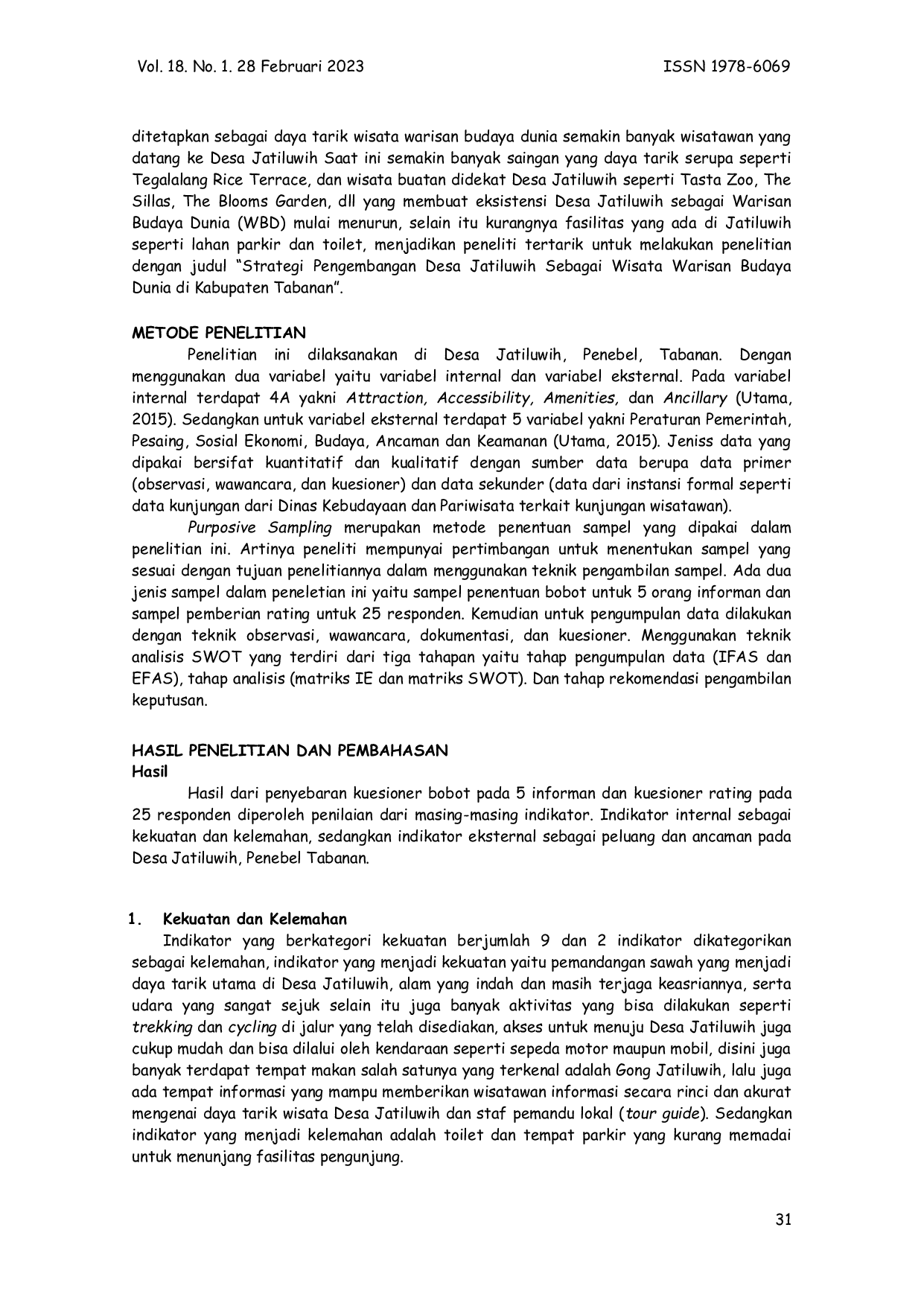 JURIS Strategi Pengembangan Desa Jatiluwih Sebagai Daya Tarik Wisata Warisan Budaya Dunia Di Kabupaten Tabanan