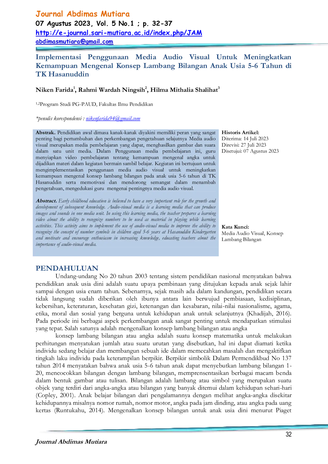 JURIS Implementasi Penggunaan Media Audio Visual Untuk Meningkatkan Kemampuan Mengenal Konsep Lambang Bilangan Anak Usia 5 6 Tahun di TK Hasanuddin
