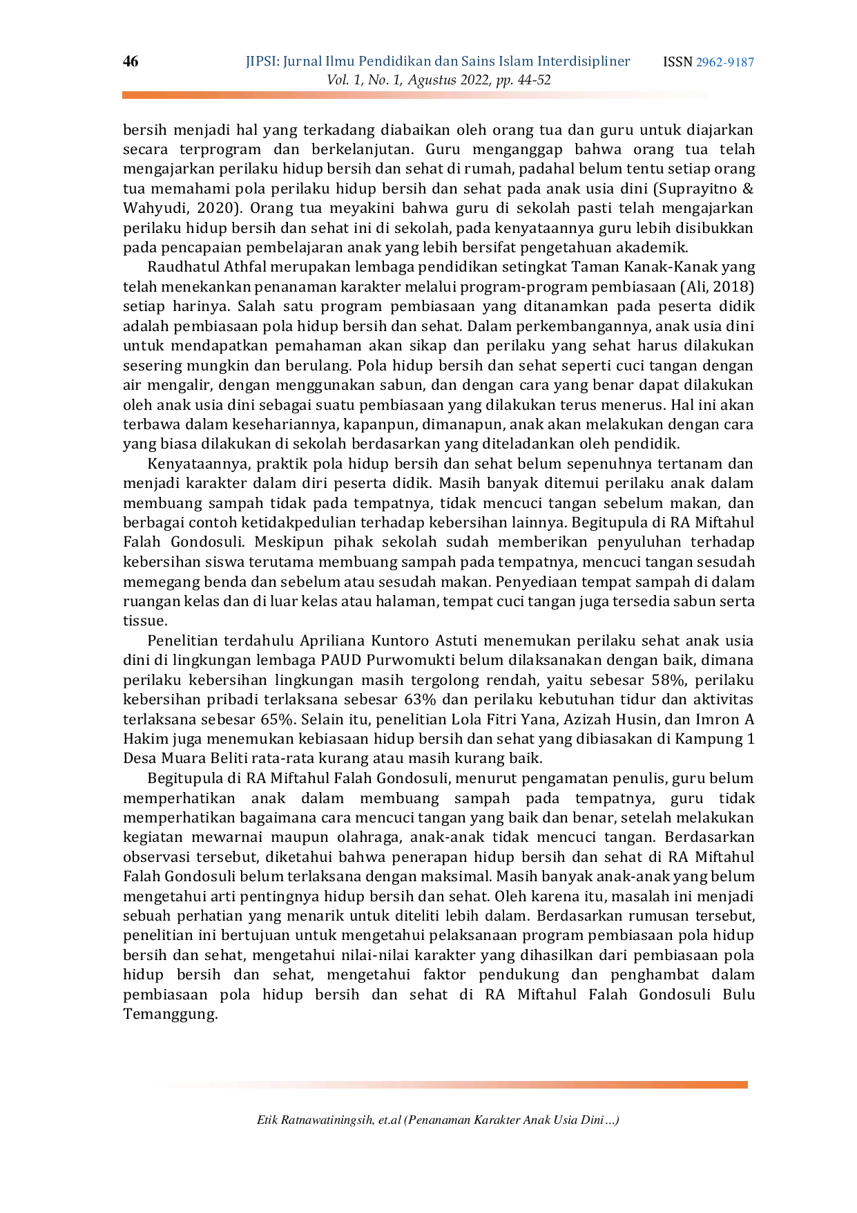 JURIS Penanaman Karakter Anak Usia Dini Melalui Program Pembiasaan Pola Hidup Bersih Dan Sehat Di Ra Miftahul Falah Gondosuli