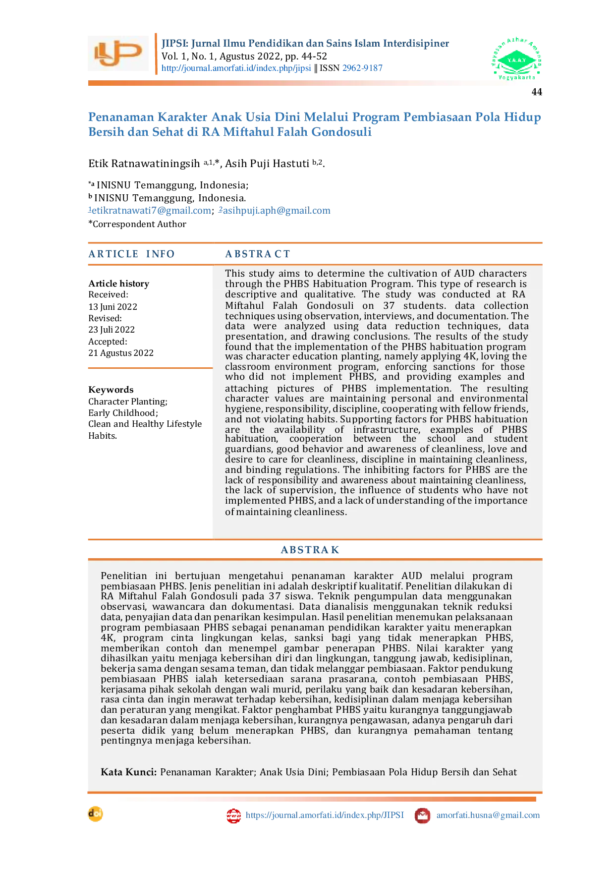 JURIS Penanaman Karakter Anak Usia Dini Melalui Program Pembiasaan Pola Hidup Bersih Dan Sehat Di Ra Miftahul Falah Gondosuli