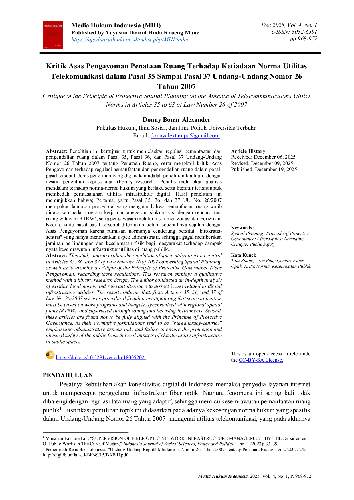 JURIS Kritik Asas Pengayoman Penataan Ruang Terhadap Ketiadaan Norma Utilitas Telekomunikasi dalam Pasal 35 Sampai Pasal 37 Undang Undang Nomor 26 Tahun 2007