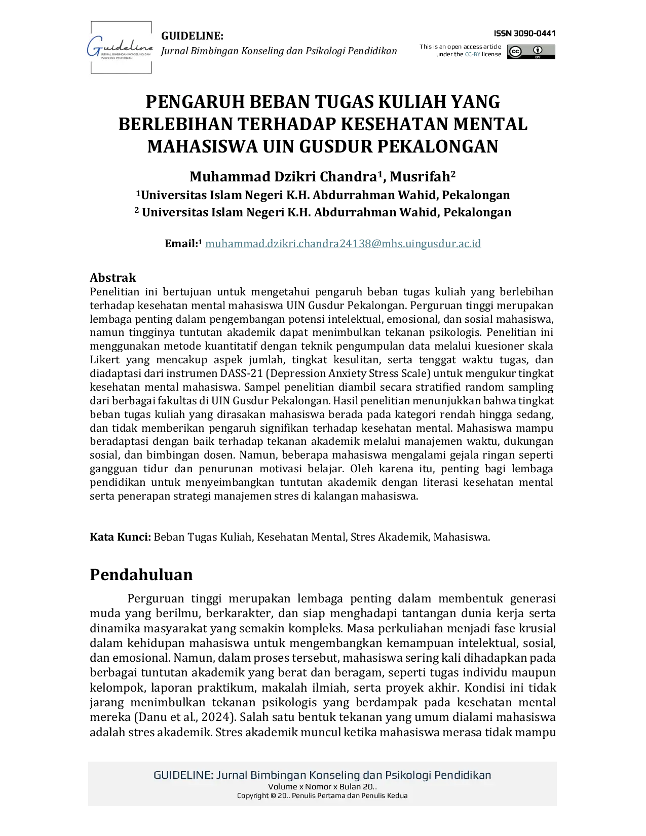 JURIS Pengaruh Beban Tugas Kuliah Yang Berlebihan Terhadap Kesehatan Mental Mahasiswa UIN Gusdur Pekalongan