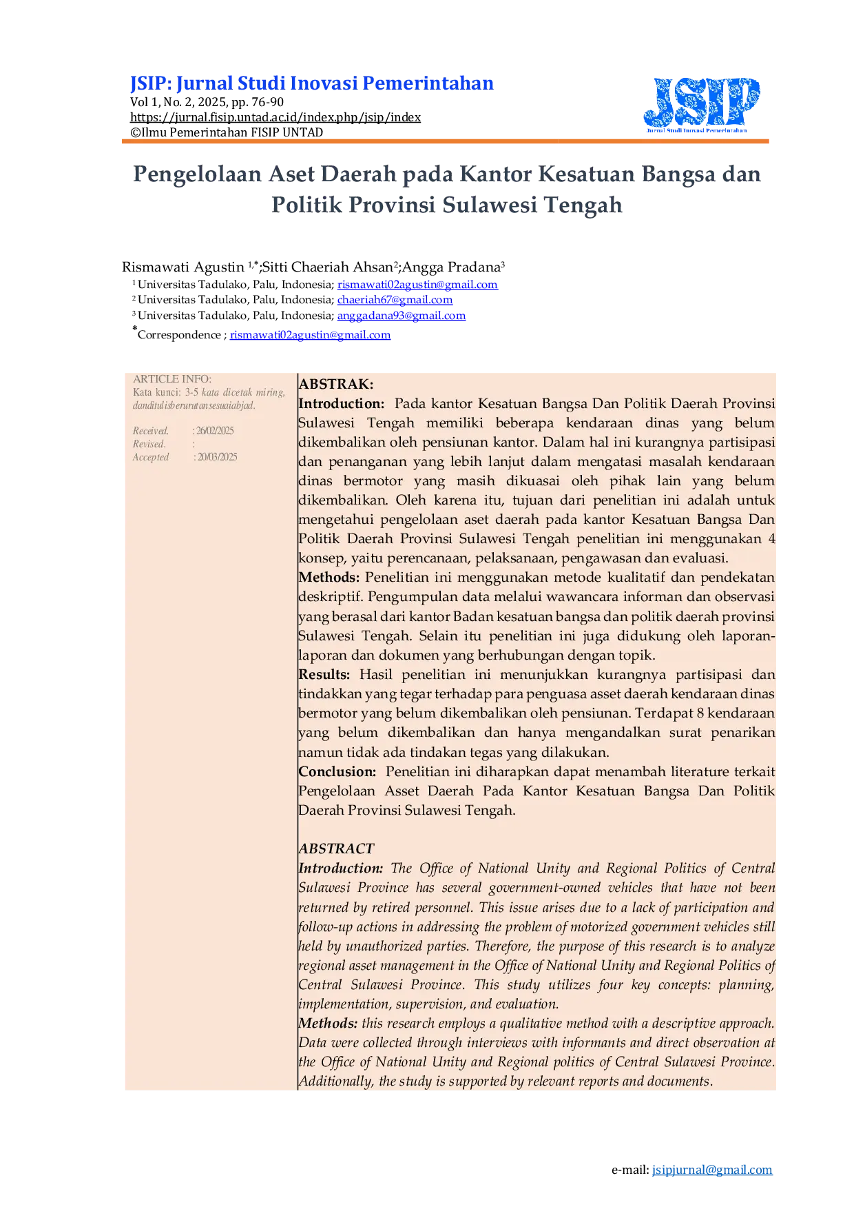 JURIS Pengelolaan Aset Daerah pada Kantor Kesatuan Bangsa dan Politik Provinsi Sulawesi Tengah