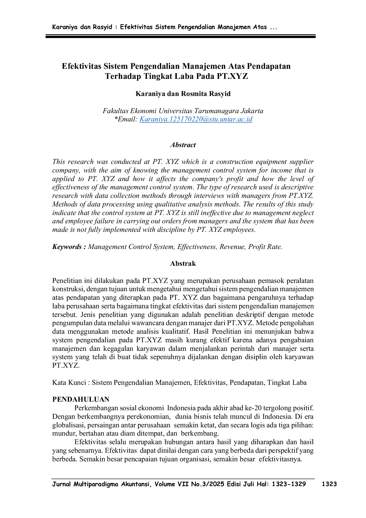 JURIS Efektivitas Sistem Pengendalian Manajemen Atas Pendapatan Terhadap Tingkat Laba Pada PT XYZ