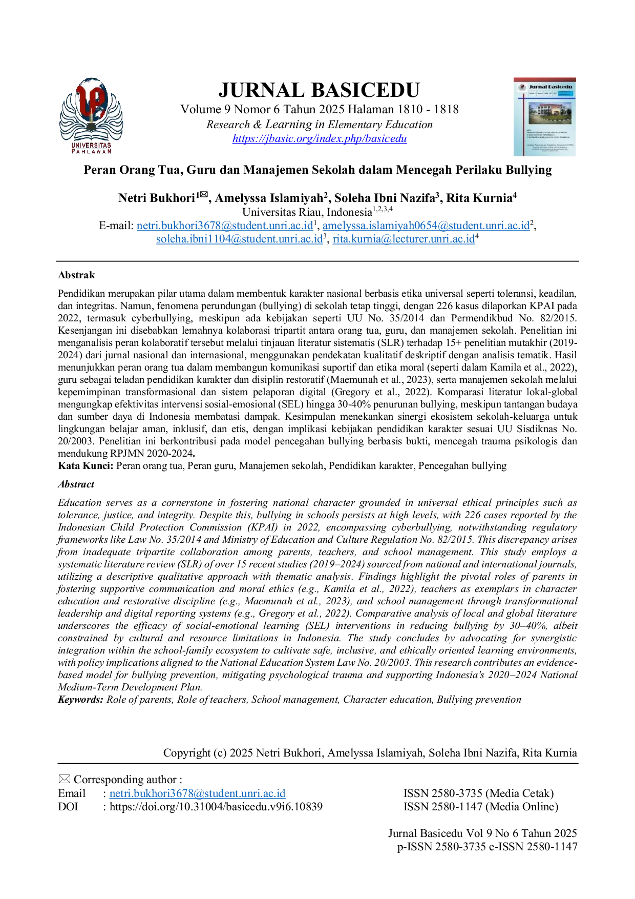 JURIS Peran Orang Tua Guru dan Manajemen Sekolah dalam Mencegah Perilaku Bullying