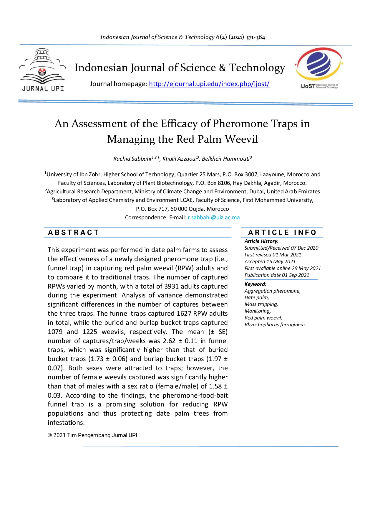 juris An Assessment of the Efficacy of Pheromone Traps in Managing the Red Palm Weevil