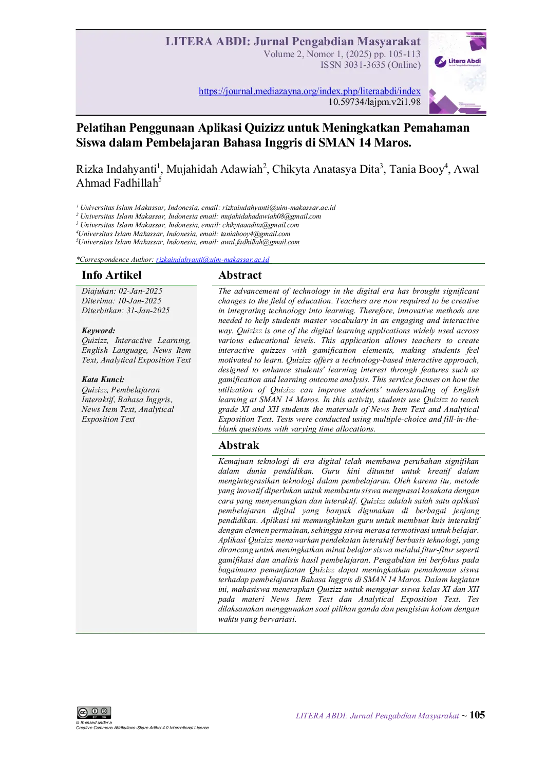 JURIS Pelatihan Penggunaan Aplikasi Quizizz untuk Meningkatkan Pemahaman Siswa dalam Pembelajaran Bahasa Inggris di SMAN 14 Maros