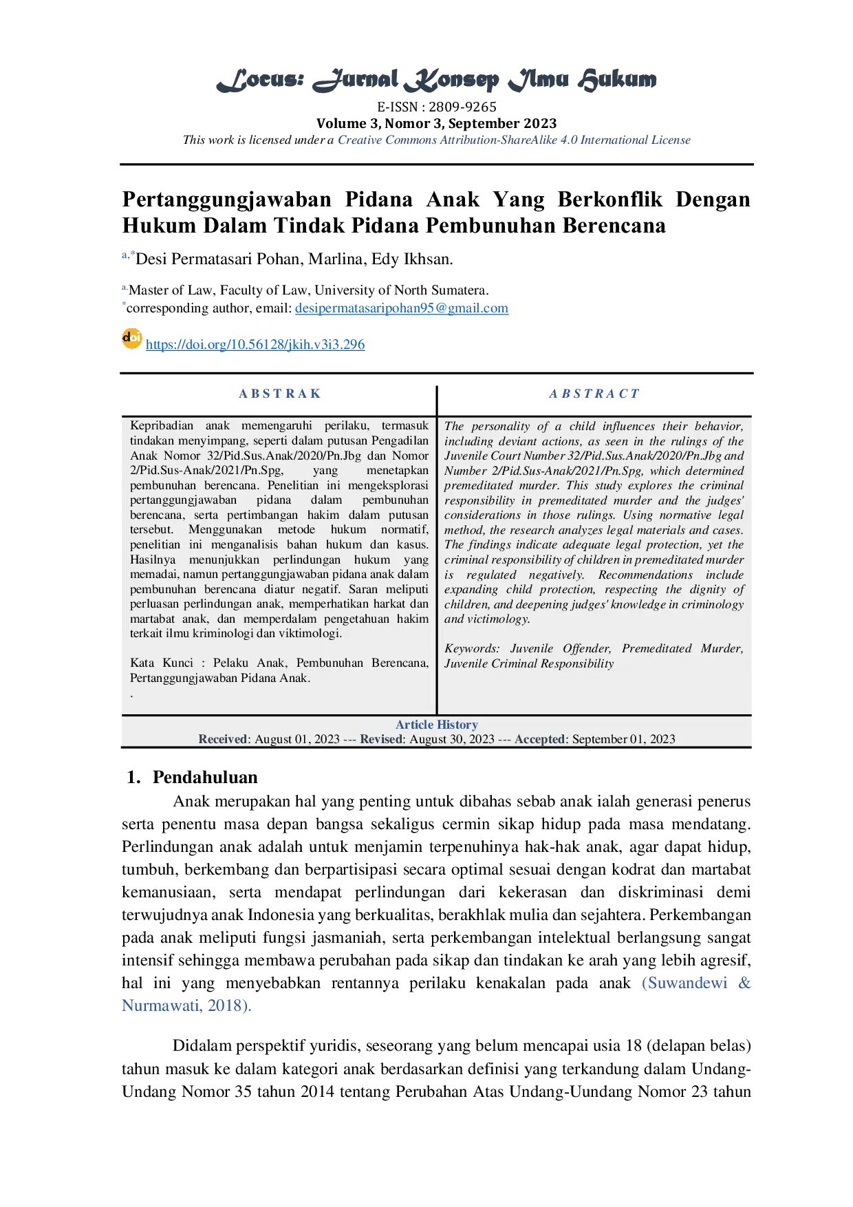 JURIS Pertanggungjawaban Pidana Anak Yang Berkonflik Dengan Hukum Dalam Tindak Pidana Pembunuhan Berencana
