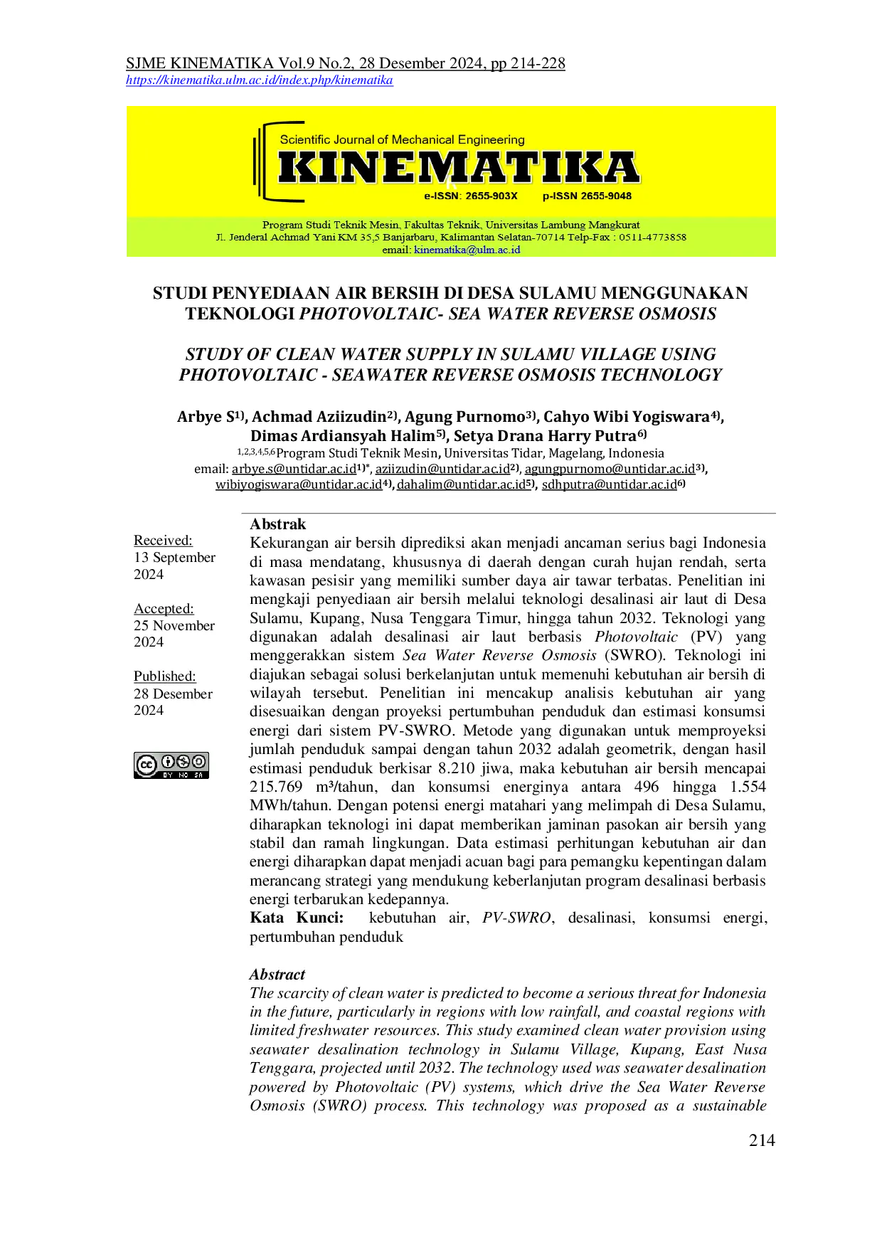 JURIS Studi Penyediaan Air Bersih Di Desa Sulamu Menggunakan Teknologi Photovoltaic Sea Water Reverse Osmosis
