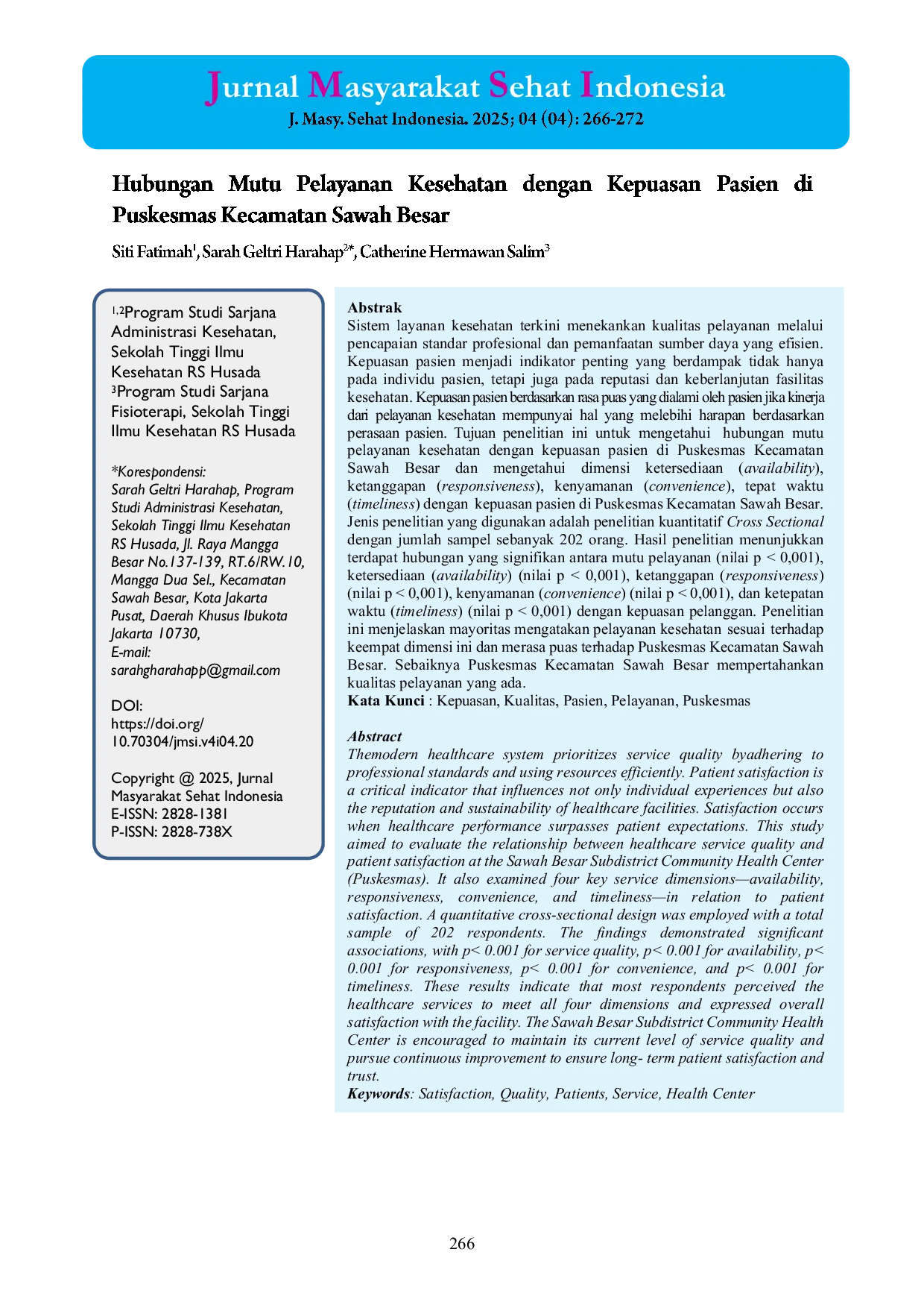 JURIS Hubungan Mutu Pelayanan Kesehatan dengan Kepuasan Pasien di Puskesmas Kecamatan Sawah Besar