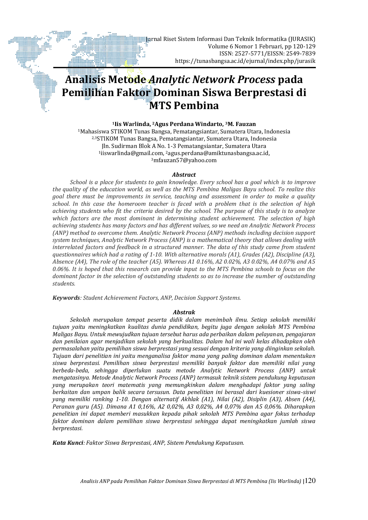 JURIS Analisis Metode Analytic Network Process pada Pemilihan Faktor Dominan Siswa Berprestasi di MTS Pembina