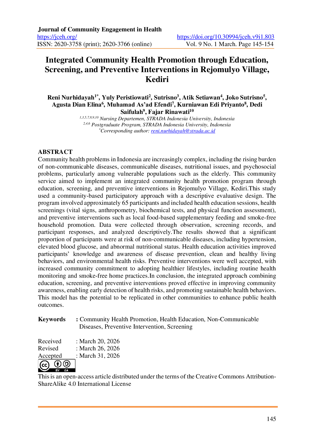 JURIS Integrated Community Health Promotion through Education Screening and Preventive Interventions in Rejomulyo Village Kediri
