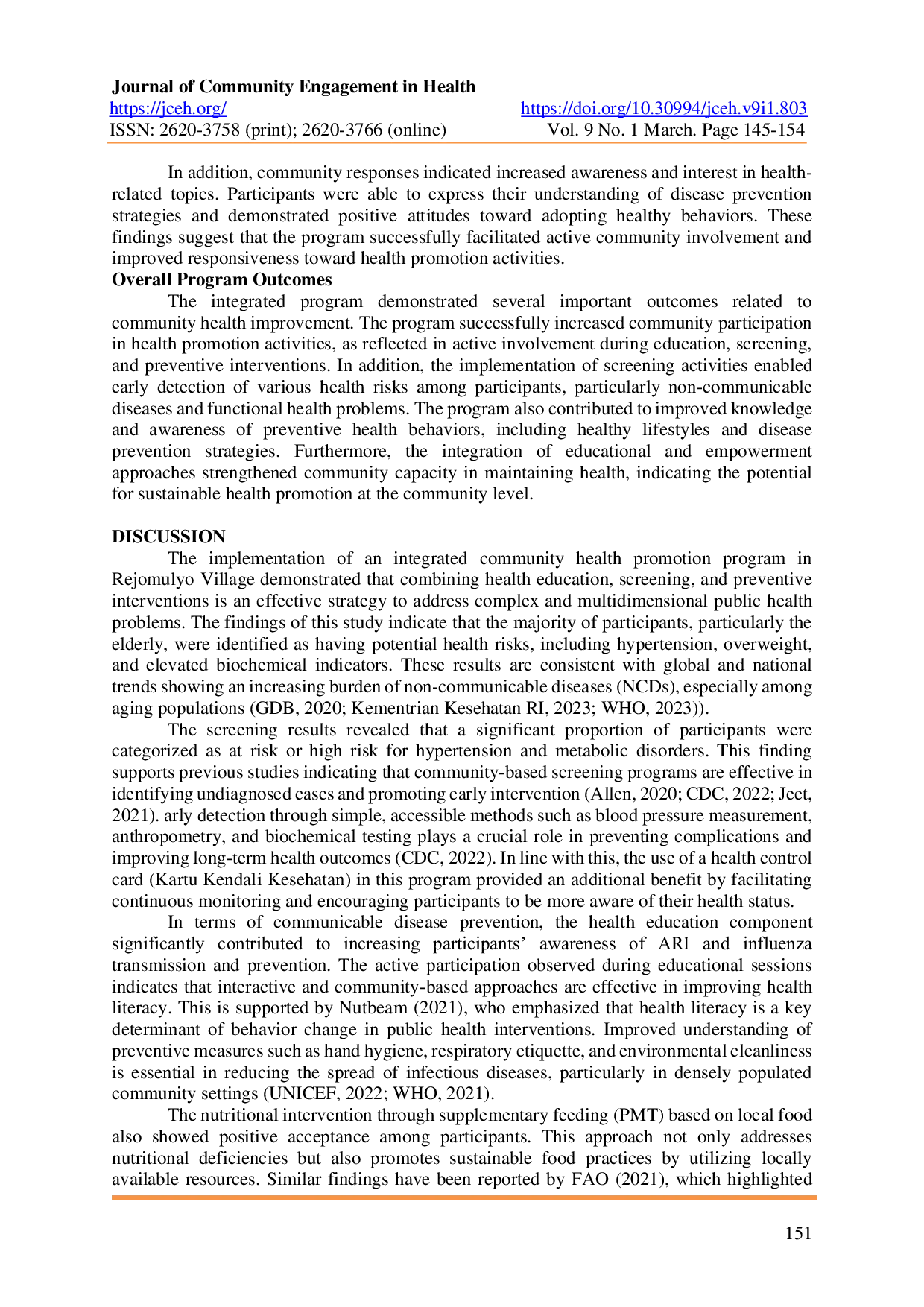 JURIS Integrated Community Health Promotion through Education Screening and Preventive Interventions in Rejomulyo Village Kediri