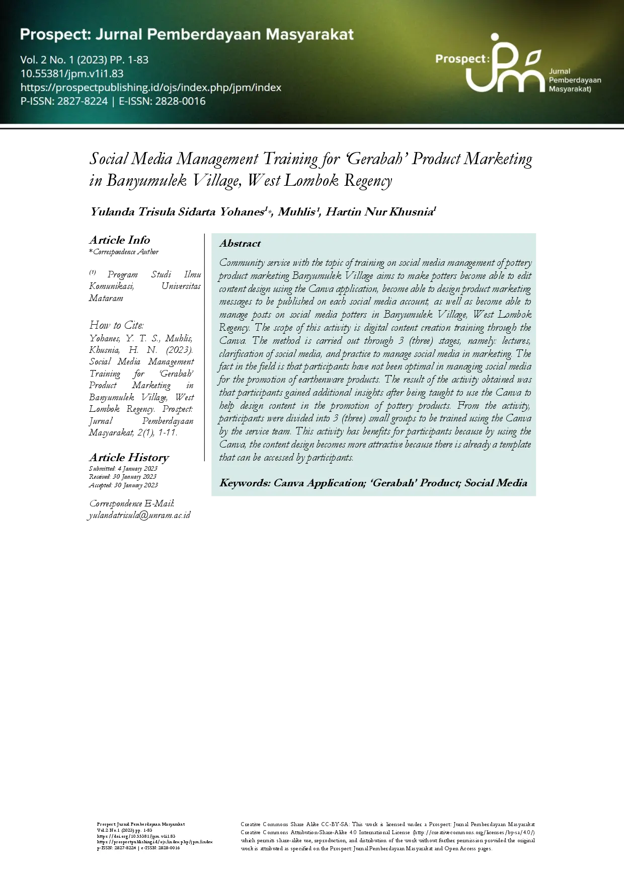 juris Training For Social Media Management of Gerabah Handycrafts Marketing in Banyumulek Village West Lombok Regency