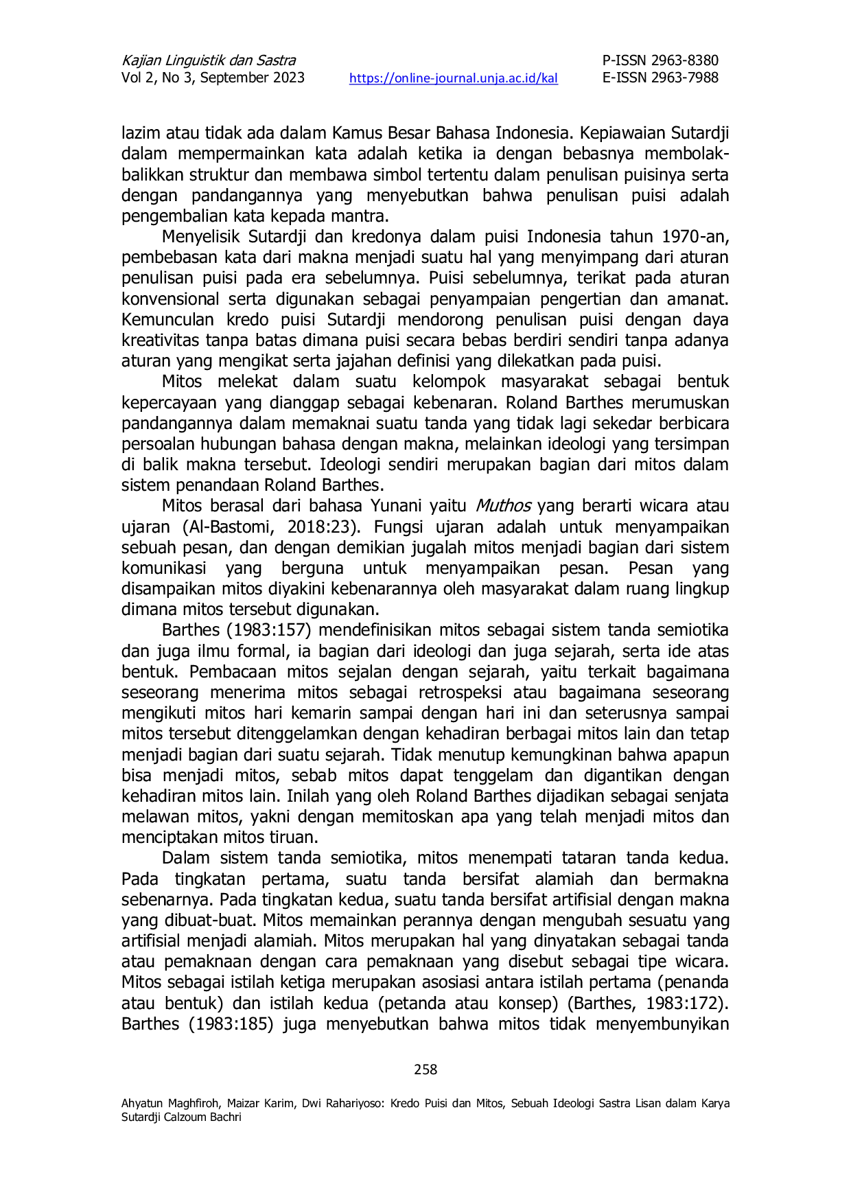 JURIS Kredo Puisi dan Mitos Sebuah Ideologi Sastra Lisan dalam Karya Sutardji Calzoum Bachri